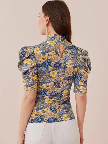 Mock Neck Puff Sleeve Floral Top