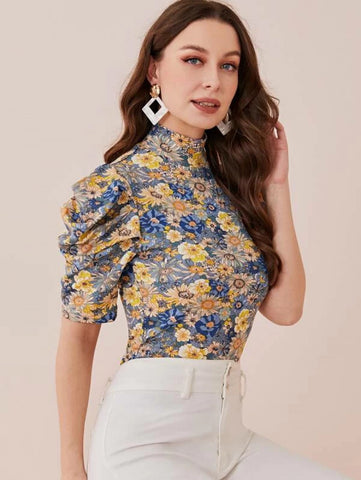 Mock Neck Puff Sleeve Floral Top