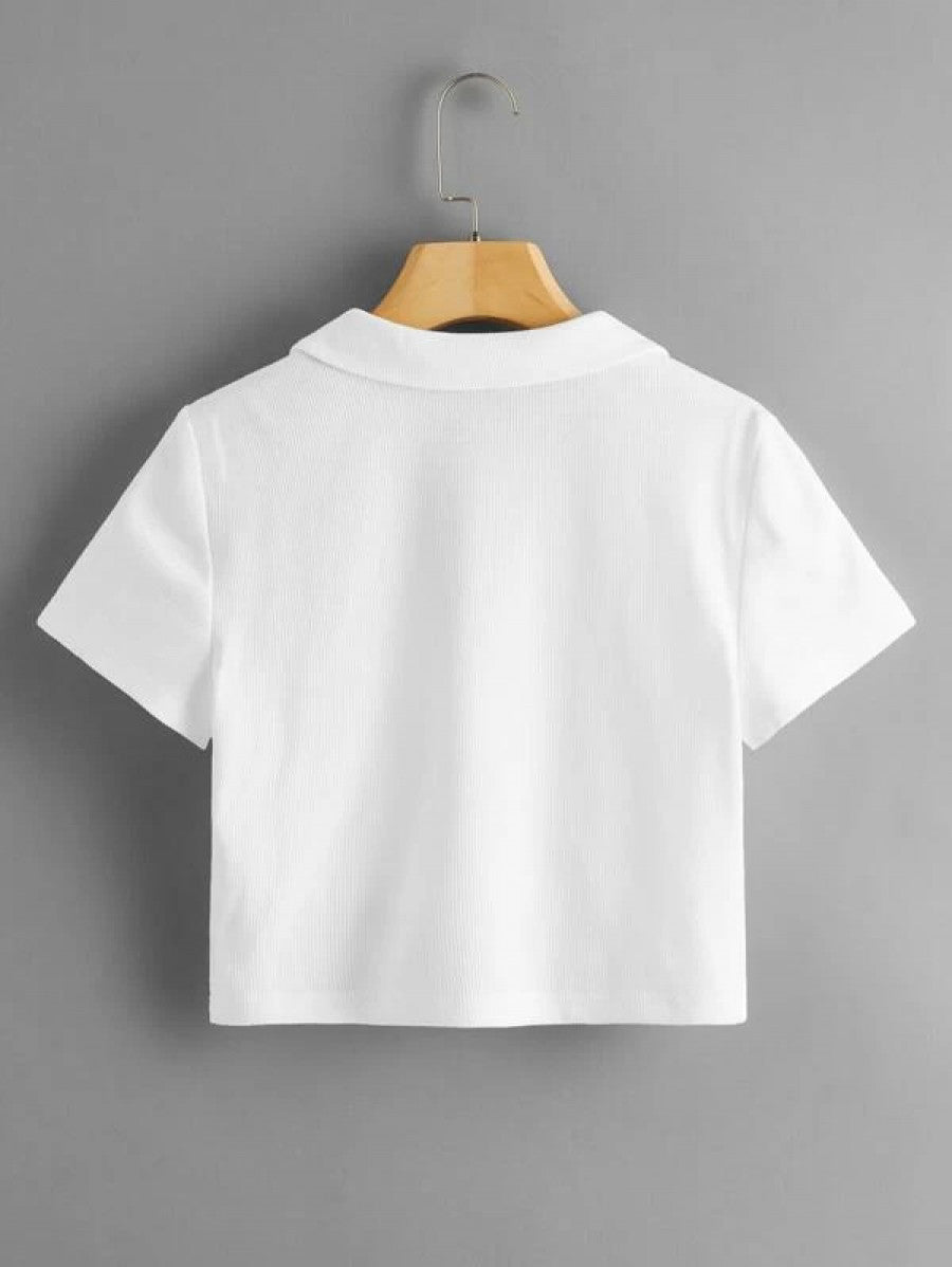 Collared V-neck Rib-knit Tee