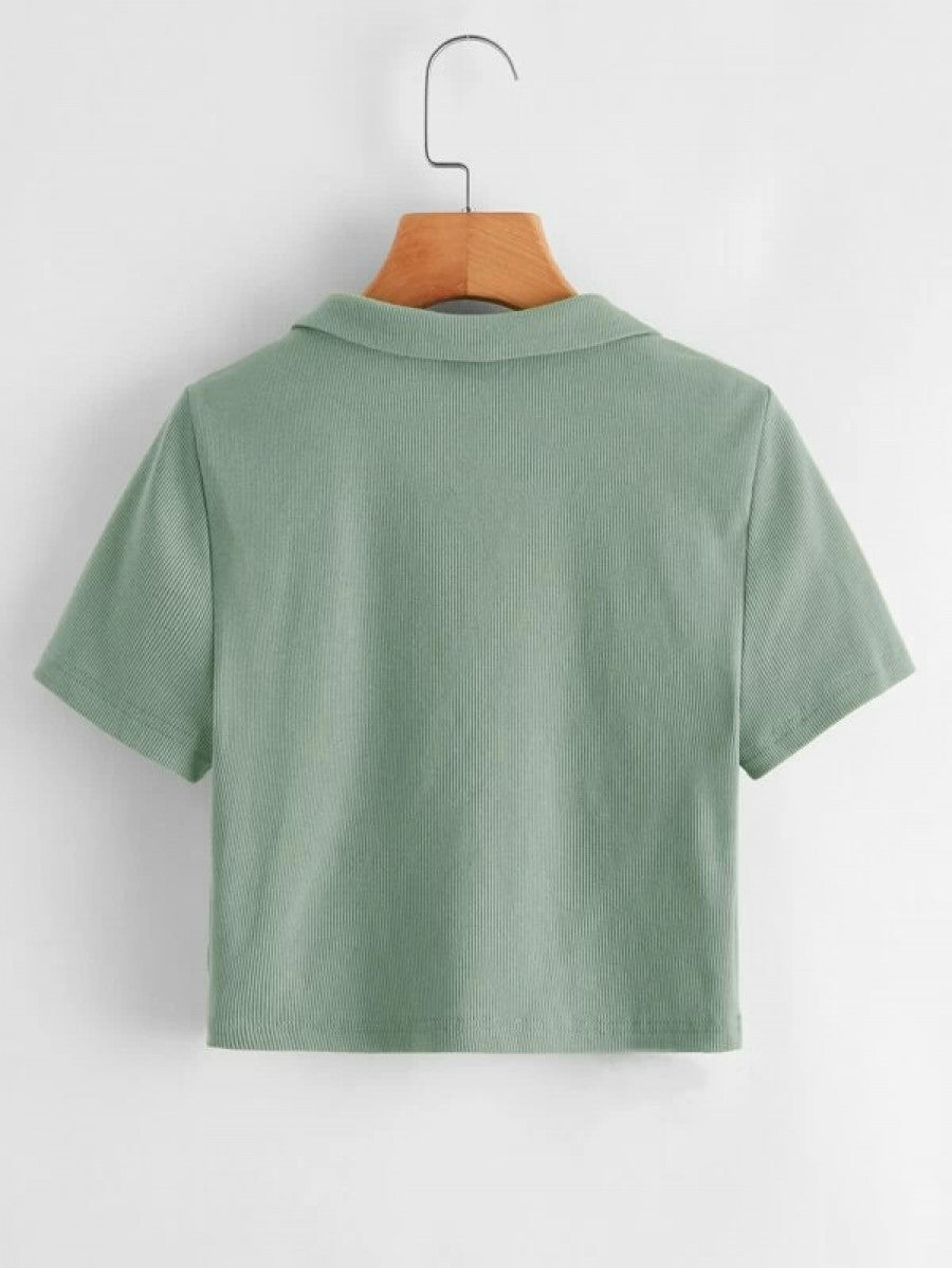 Collared V-neck Rib-knit Tee