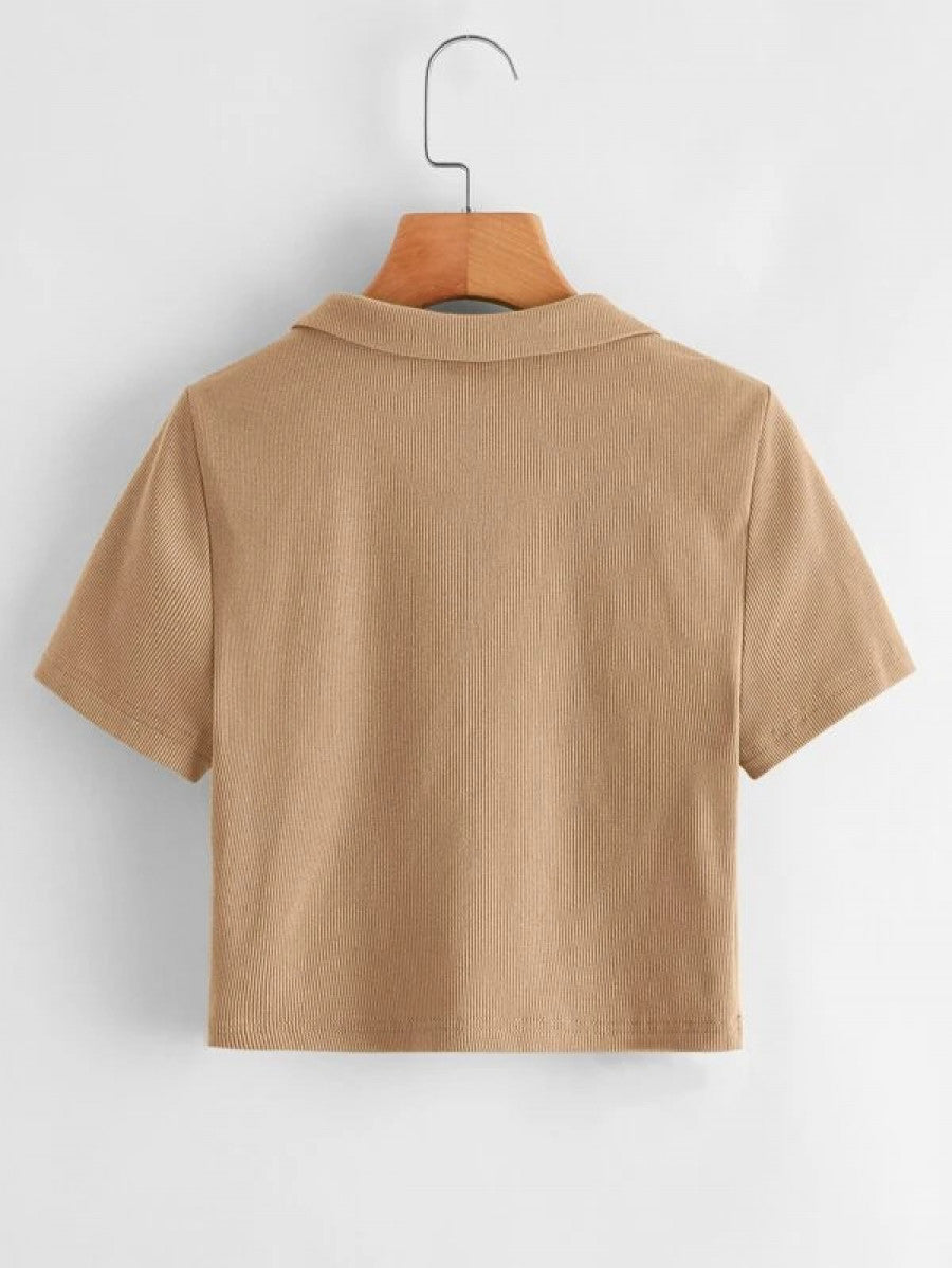 Collared V-neck Rib-knit Tee