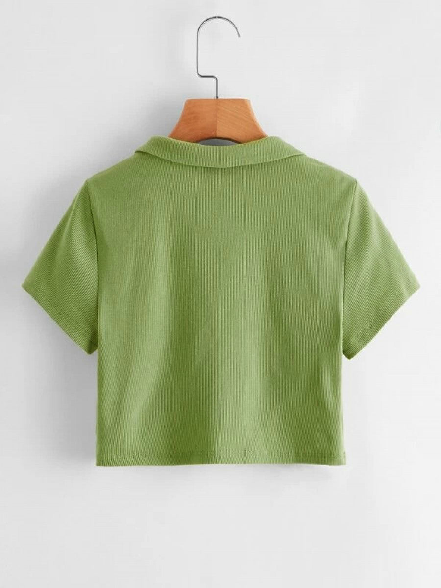 Collared V-neck Rib-knit Tee