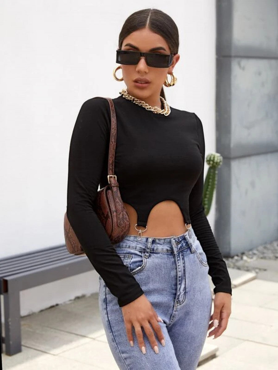 D-ring Detail Asymmetrical Hem Crop Top