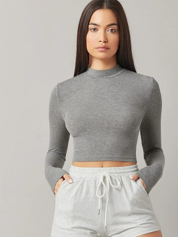 BASICS Mock Neck Solid Crop Tee