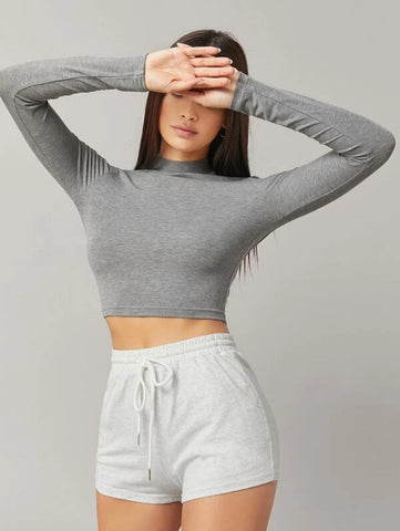 BASICS Mock Neck Solid Crop Tee