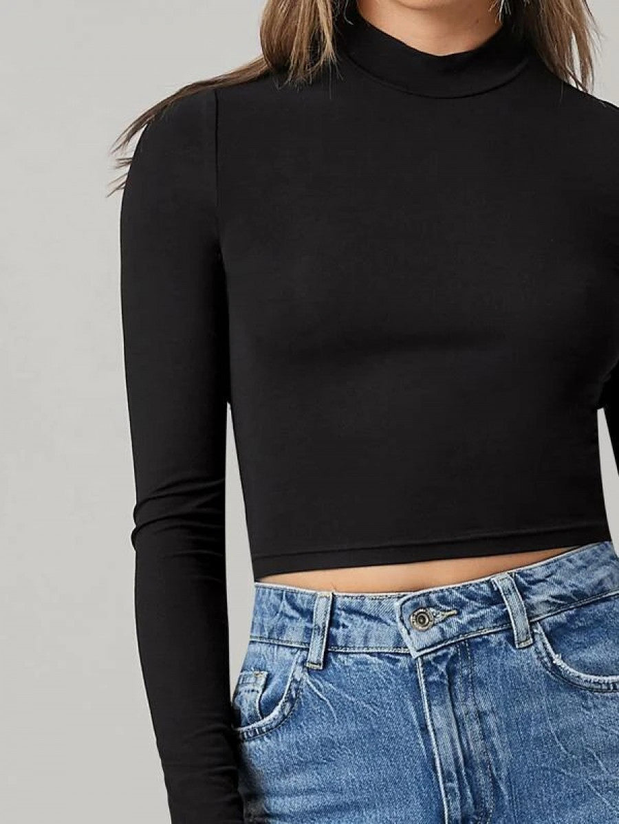 BASICS Mock Neck Solid Crop Tee