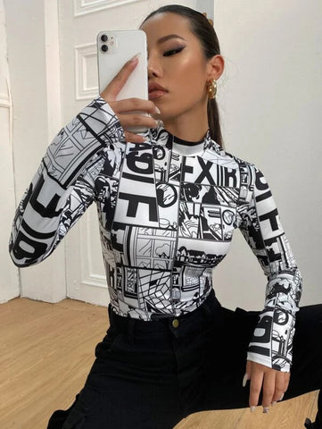 Mock-Neck Pop Art Print Top