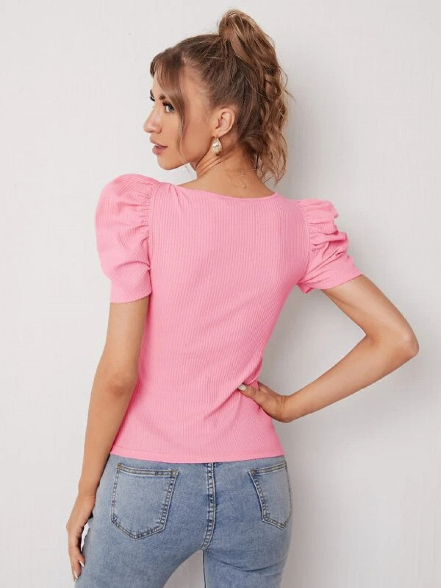 Unity Sweetheart Neck Puff Sleeve Rib-knit Tee