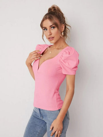 Unity Sweetheart Neck Puff Sleeve Rib-knit Tee