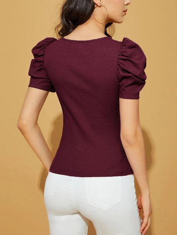 Unity Sweetheart Neck Puff Sleeve Rib-knit Tee