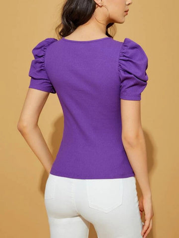 Unity Sweetheart Neck Puff Sleeve Rib-knit Tee