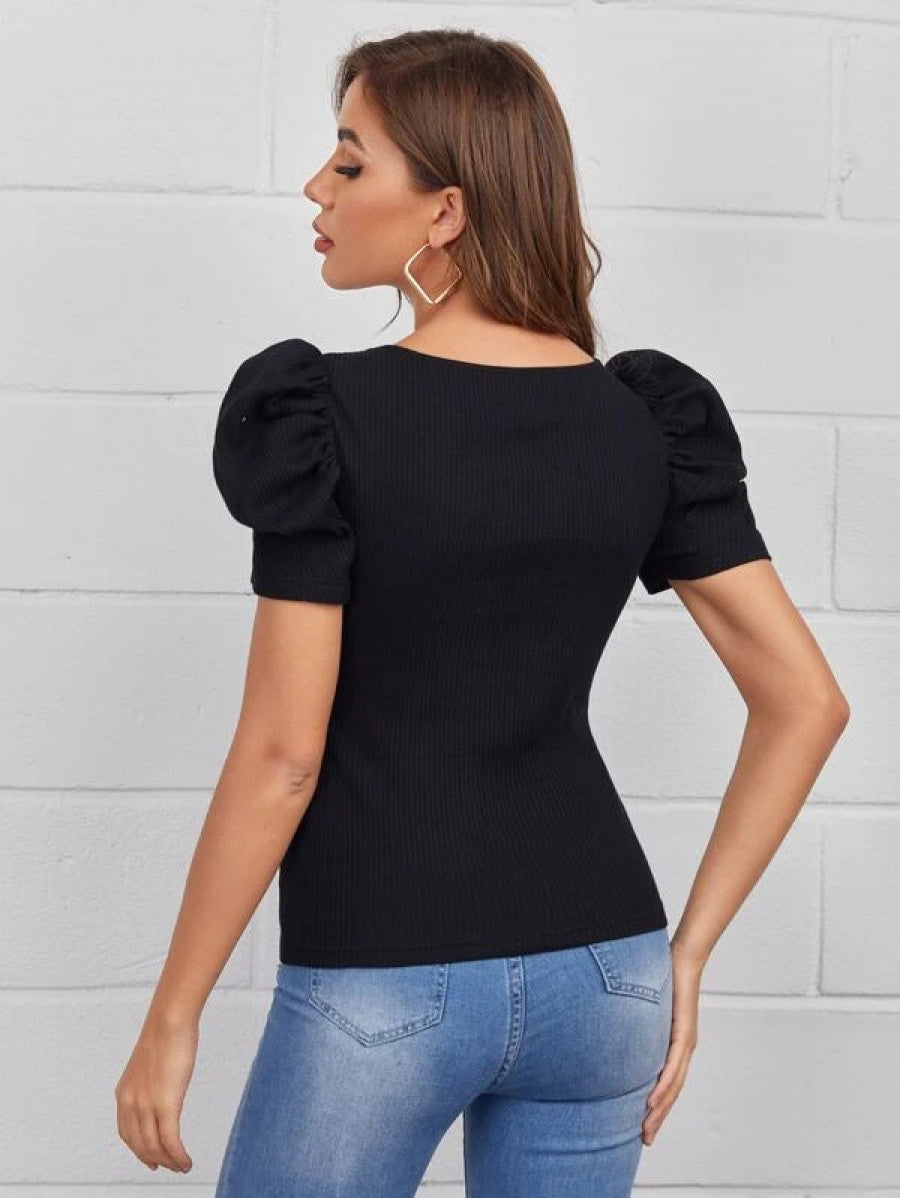 Unity Sweetheart Neck Puff Sleeve Rib-knit Tee