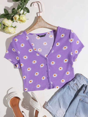 Buttoned Front Floral Crop Tee