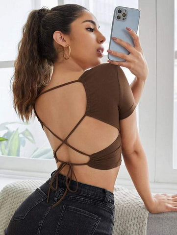 Criss Cross Tied Backless Crop Tee