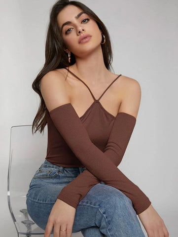 Halter Off Shoulder Rib-knit Tee