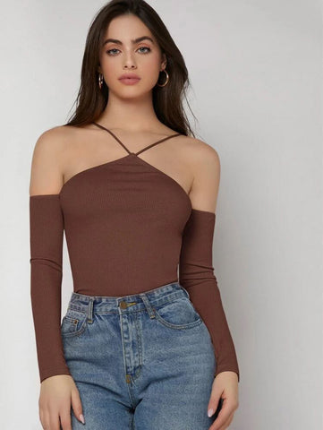 Halter Off Shoulder Rib-knit Tee