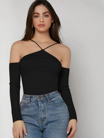 Halter Off Shoulder Rib-knit Tee