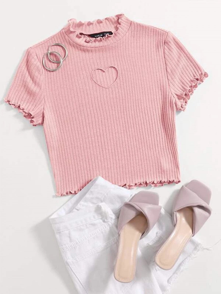 Heart Cutout Detail Lettuce Trim Tee