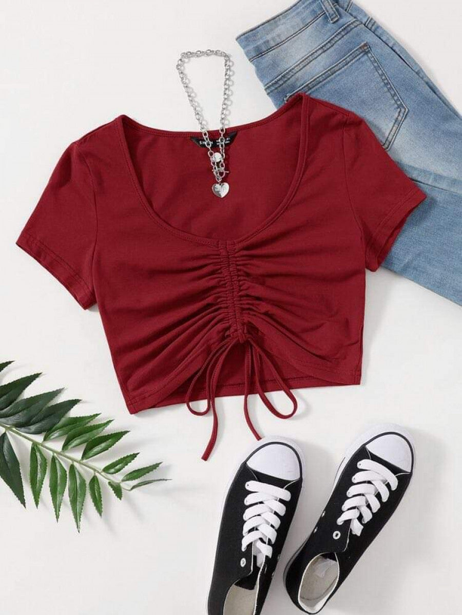 Solid Drawstring Ruched Tee