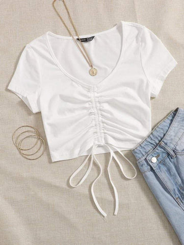 Solid Drawstring Ruched Tee