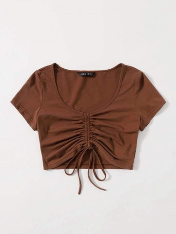 Solid Drawstring Ruched Tee