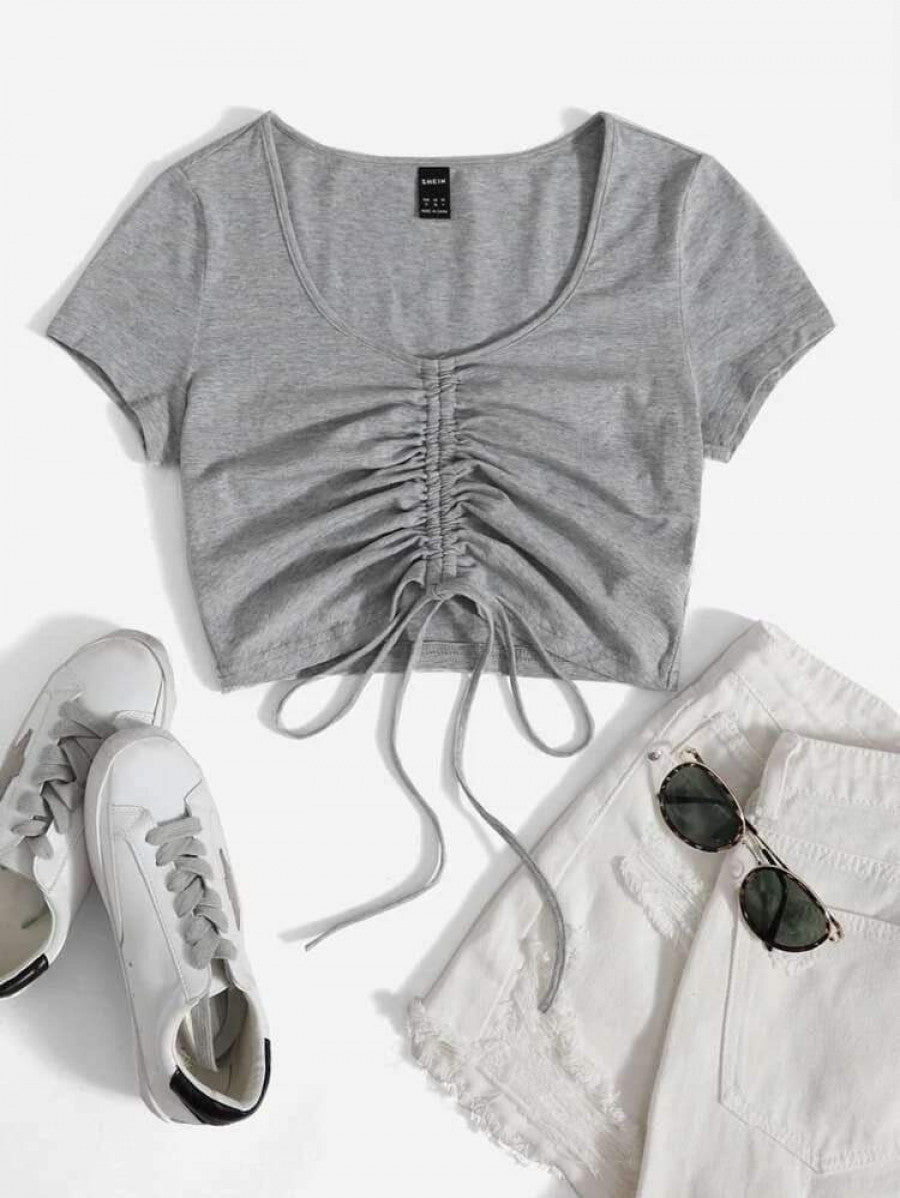 Solid Drawstring Ruched Tee