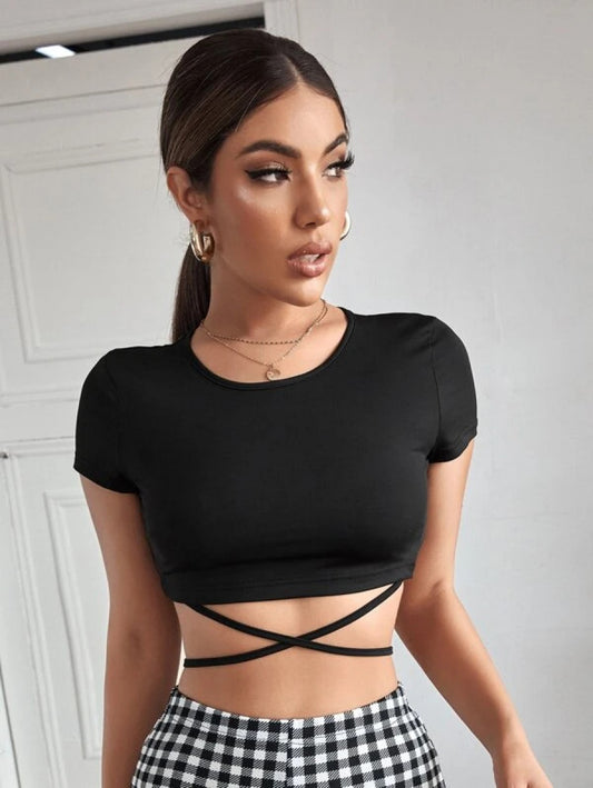 Solid Crisscross Tie Back Crop Tee