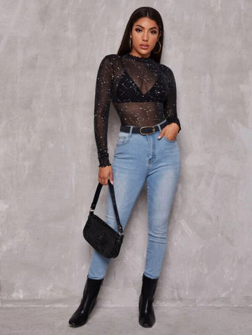 Lettuce Edge Glitter Mesh Top Without Bra