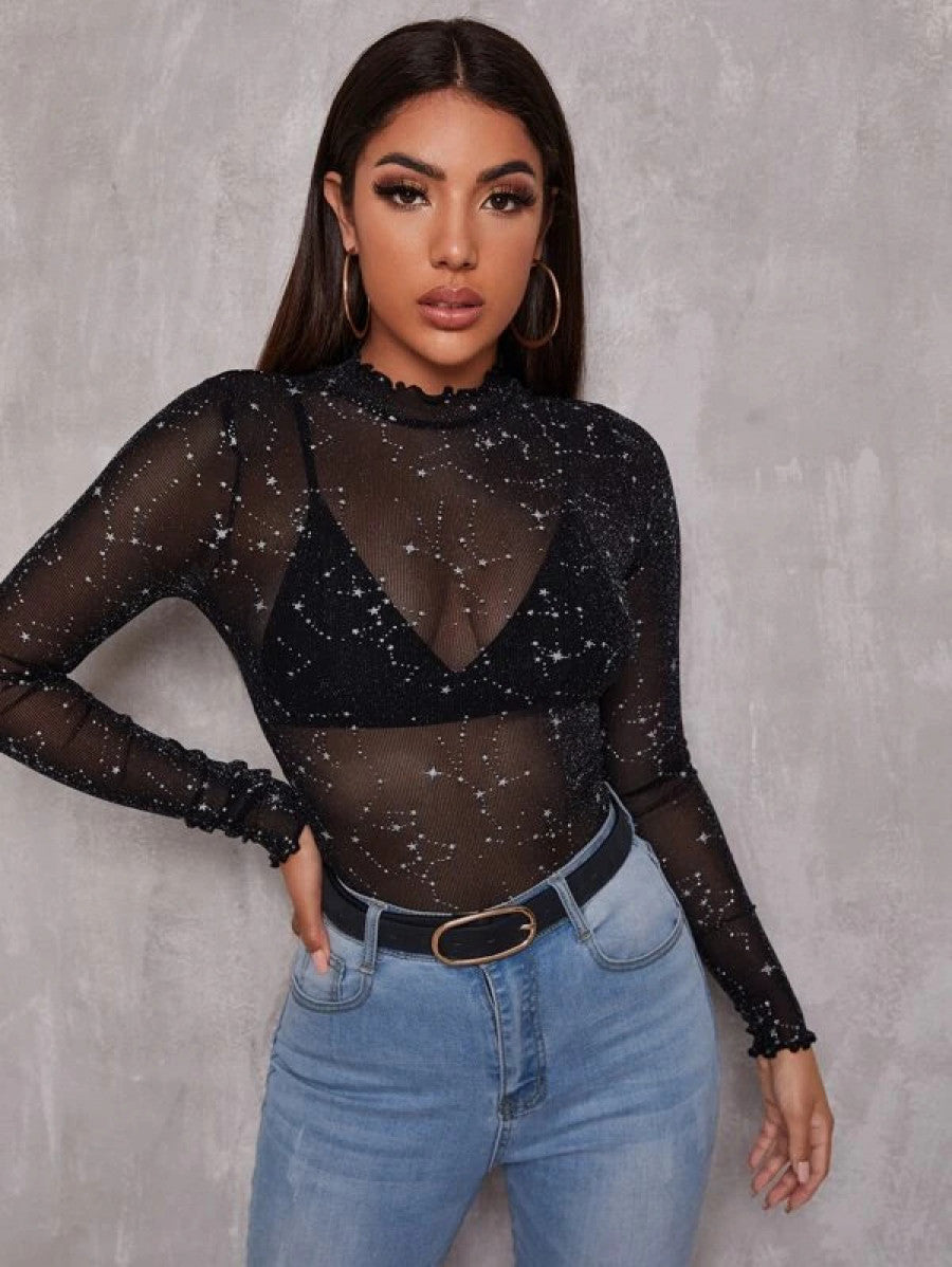 Lettuce Edge Glitter Mesh Top Without Bra