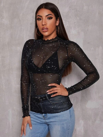 Lettuce Edge Glitter Mesh Top Without Bra