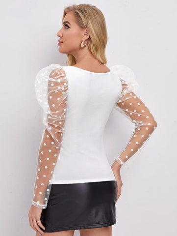 Flocked Polka Dot Mesh Gigot Sleeve Top