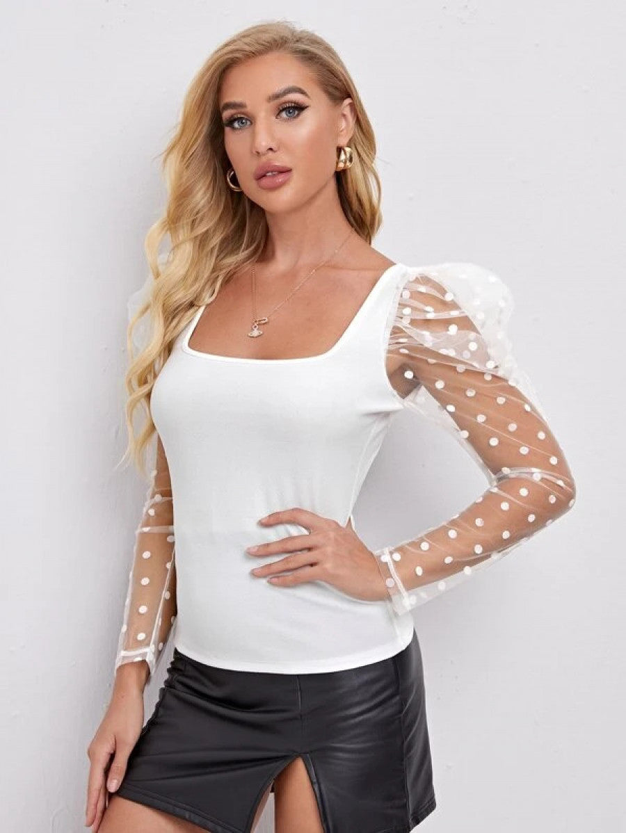 Flocked Polka Dot Mesh Gigot Sleeve Top