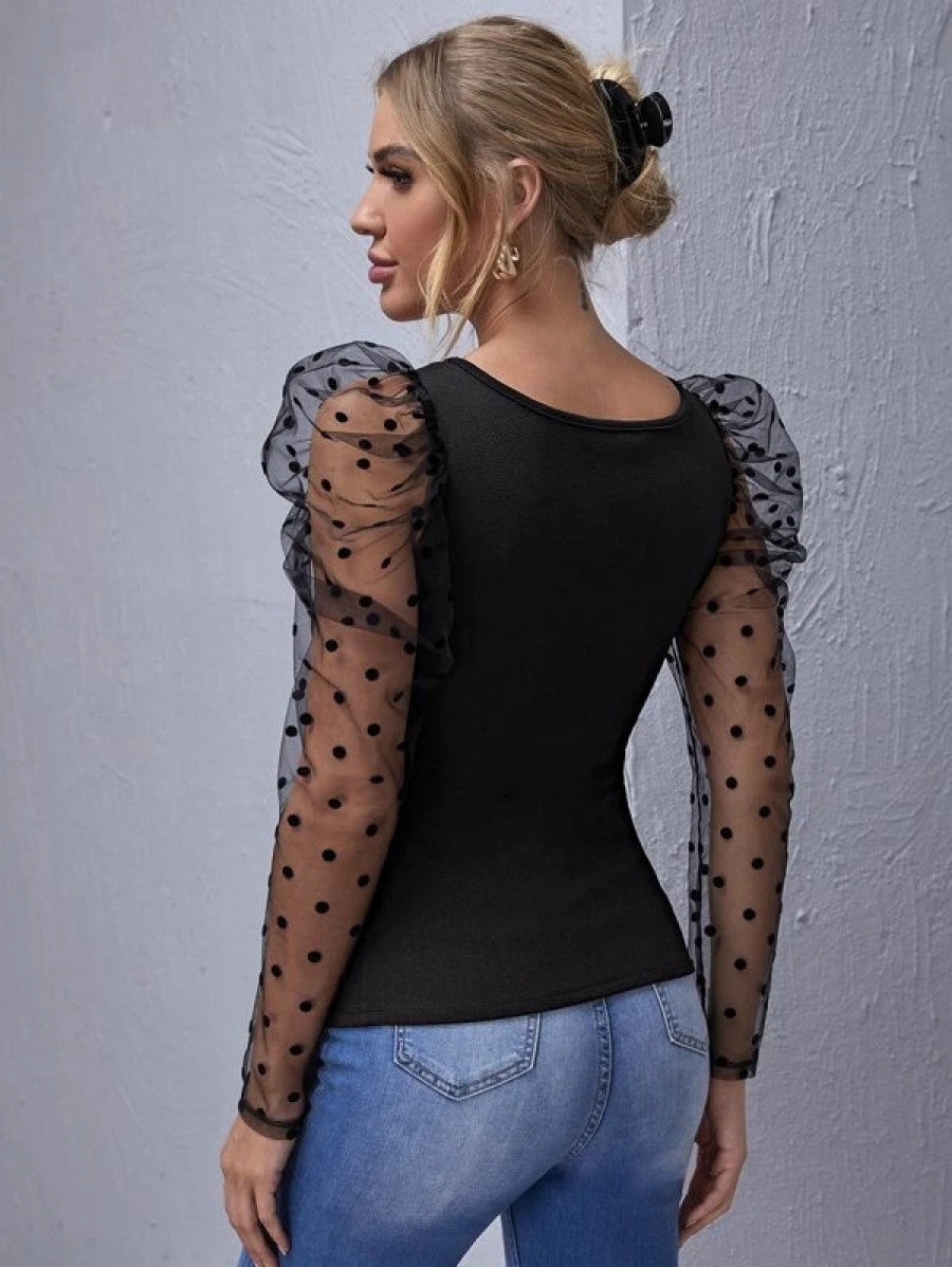 Flocked Polka Dot Mesh Gigot Sleeve Top