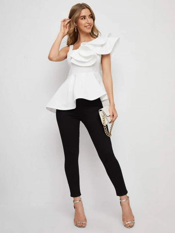 Asymmetrical Neck Ruffle Trim Peplum Top