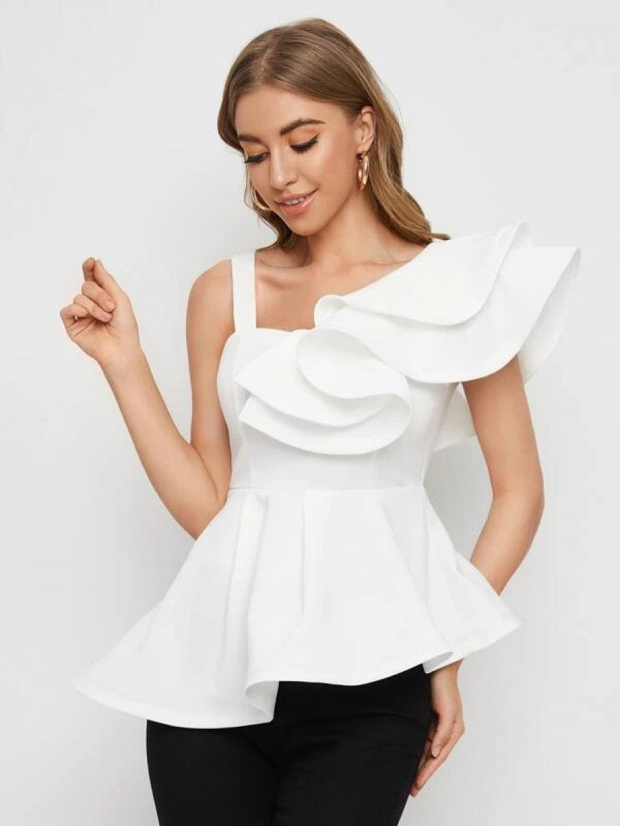 Asymmetrical Neck Ruffle Trim Peplum Top