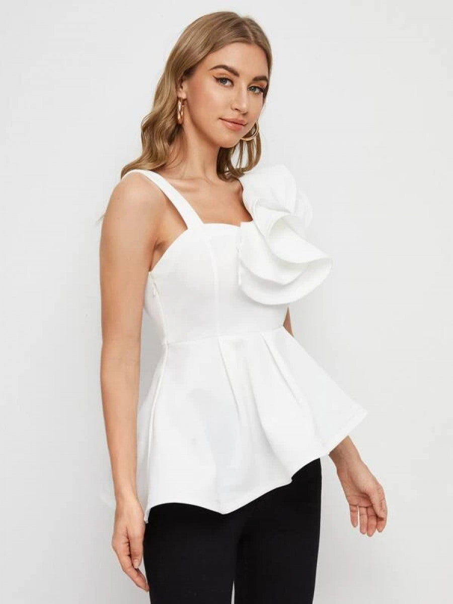 Asymmetrical Neck Ruffle Trim Peplum Top