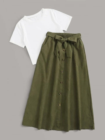 Solid Tee & Self Tie Button Front Skirt