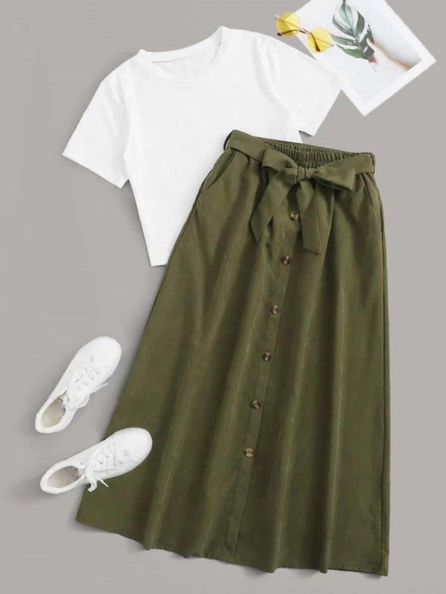 Solid Tee & Self Tie Button Front Skirt