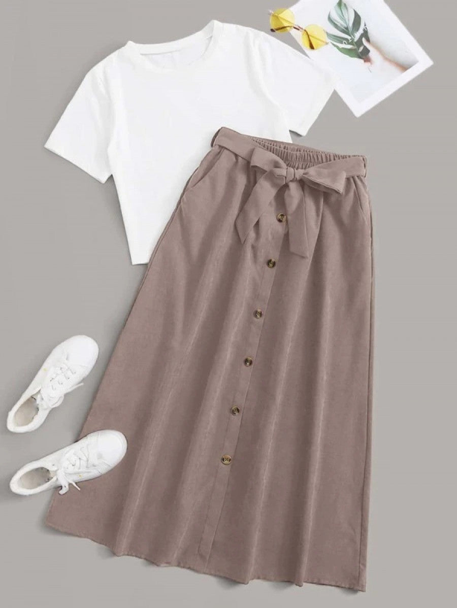 Solid Tee & Self Tie Button Front Skirt