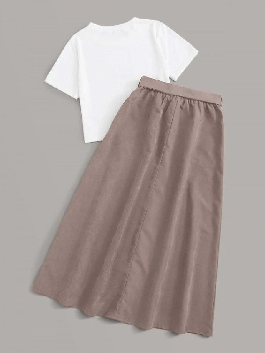 Solid Tee & Self Tie Button Front Skirt