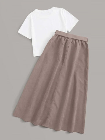 Solid Tee & Self Tie Button Front Skirt