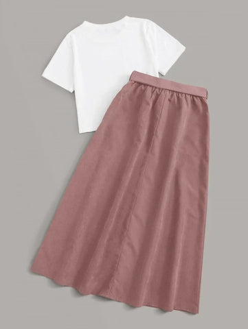 Solid Tee & Self Tie Button Front Skirt