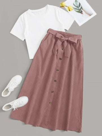 Solid Tee & Self Tie Button Front Skirt