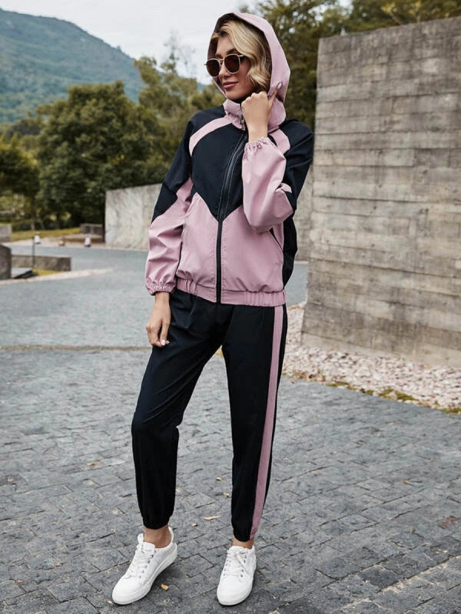 Colorblock Hooded Zip Up Jacket & Sweatpants Set