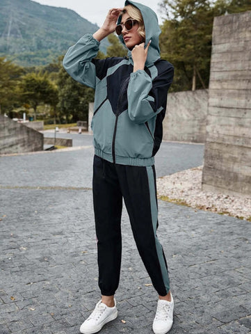 Colorblock Hooded Zip Up Jacket & Sweatpants Set