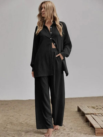 Slit Hem Longline Blouse & Wide Leg Pants Set