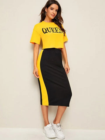Letter Graphic Tee & Contrast Side Seam Skirt Set