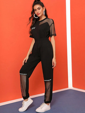 Letter Graphic Fishnet Insert Top & Pants Set