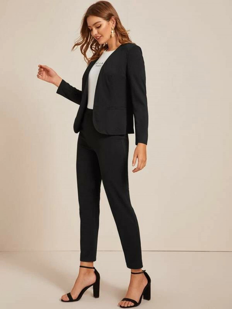 Open Front Solid Blazer & Pants Set