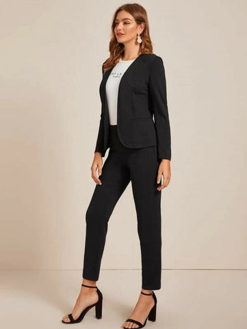 Open Front Solid Blazer & Pants Set